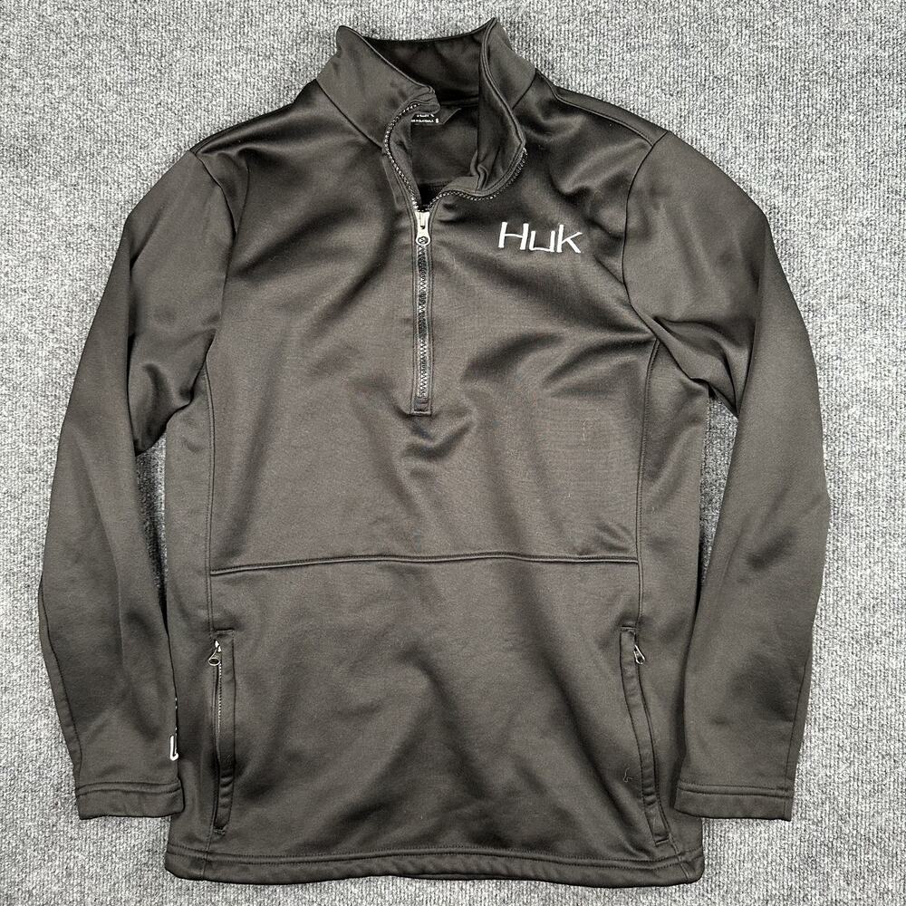 Huk Fishing 1/4 Zip Pullover Black Sweatshirt Pockets Men's Size Small Outdoors